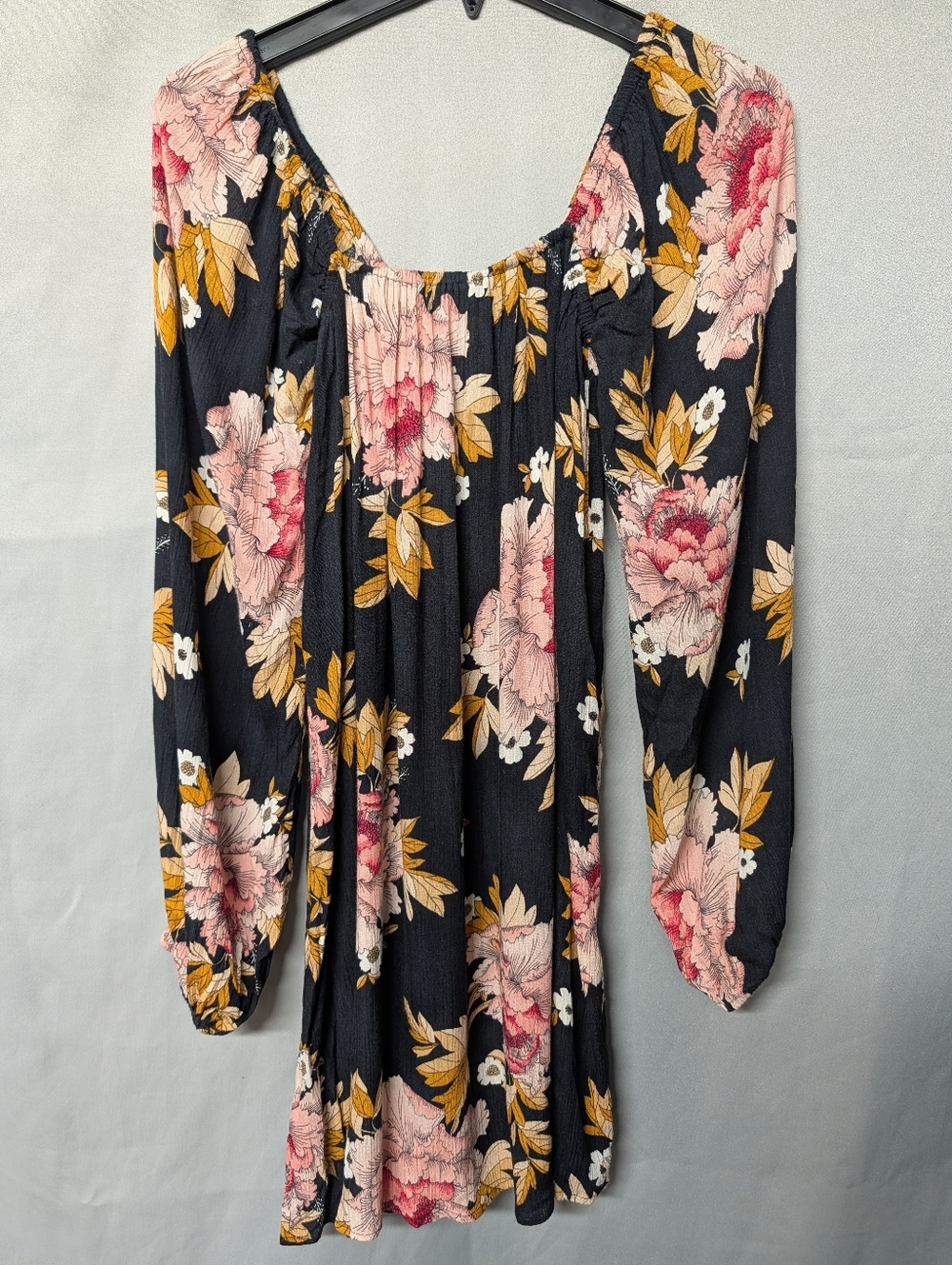 Black Floral Long Sleeve Babydoll Dress - Pink & Mustard Flowers